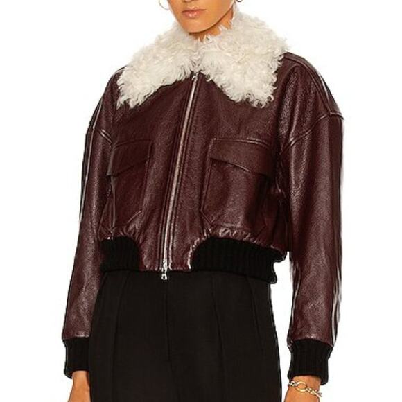 KHAITE Larissa Shearling-Collar Leather Bomber Jacket Bordeaux Wine - Picture 2 of 12